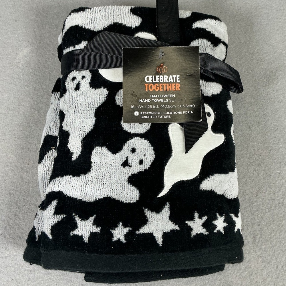 Celebrate Together Halloween Ghost Hand Towels Set of 2 Black White 16x25 NWT